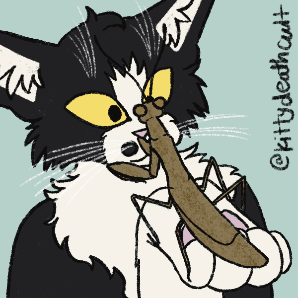 My fursona, Smolder, holding up a brown praying mantis to observe it.